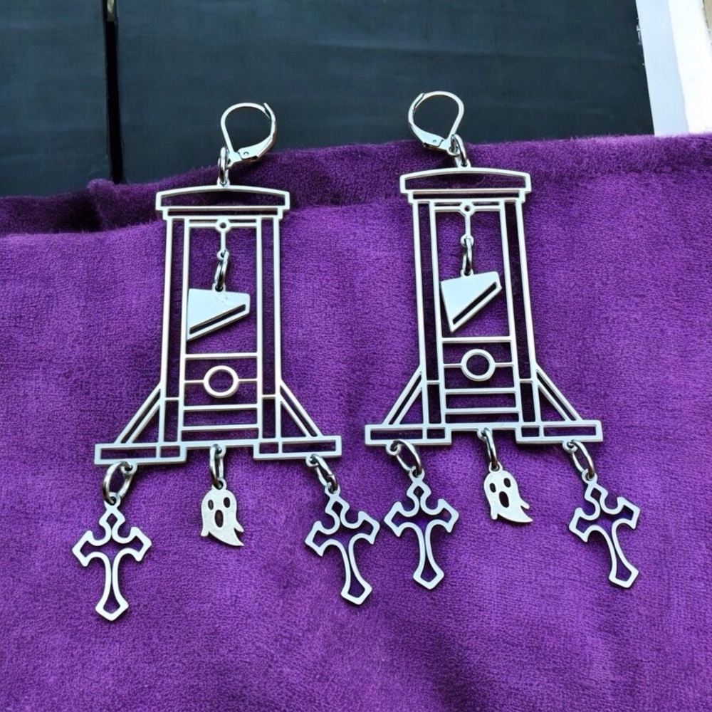 🆕 Guillotine Ghost and Cross Laser Etched Dangle Earrings Stainless Steel